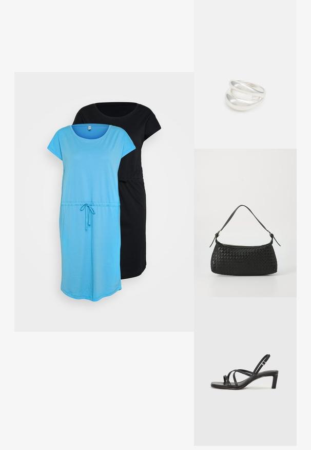 Divi īsām piedurknēm tērpi, viens gaiši zils un otrs melns. Abiem ir apaļa kakla izgriezuma forma un regulējams saistošs jostasvieta.; Melnas strappy sandales ar kvadrātveida purngaliem un zemu bloku papēdi. Ievērojamas ar vairākiem plāniem siksniņām un regulējamu potītes siksniņu. Izgatavotas no gludas ādas.; Melns austs plecu soma ar gludu ādas siksnu un rāvējslēdzēja aizdari. Iezīmējas ar teksturētu virsmu un izliekumu.; Sudraba divu joslu gredzens ar gludu, pulētu virsmu. Iezīmējas ar plūstošu, izliekta dizaina struktūru ar pārklājošām sekcijām modernam izskatam.