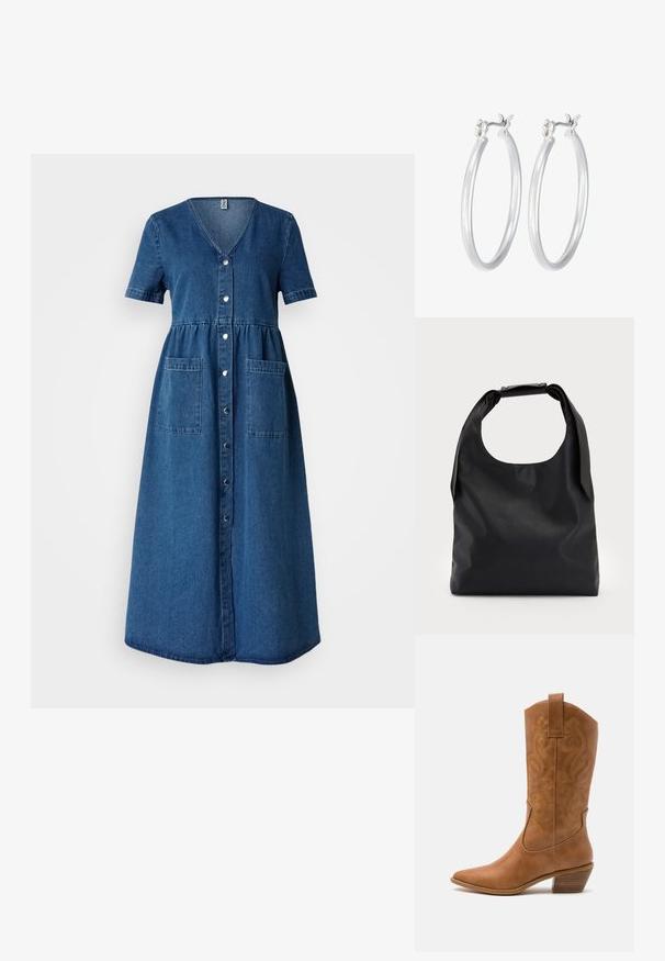 Denimmekko, jossa on V-pääntie, lyhyet hihat, nappisuljenta, vyötäröltä kireä ja kaksi etutaskua. Syvän sininen väri, jolla on sileä rakenne.; Ruskean nahkainen cowboy-saapas, jossa on terävä kärki, brodeeratut pyörteiset kuviot varressa ja kerroslohko korko. Varustettu nostonipulla helpottamaan pukemista.; Musta nahkainen käsilaukku, jossa suuri avoin yläosa ja yksi olkahihna. Pehmeä pinta, minimalistinen muotoilu, hillityt metallikoristeet.; Hope-silver rengas, joissa on sileä ja kiillotettu pinta. Pyöreä muoto ja turvallinen napsautettava lukitus. Kevyt muotoilu sopii päivittäiseen käyttöön.