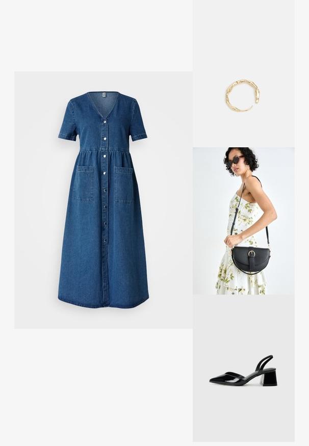 Džinsa kleita ar V veida kakla izgriezumu, īsām piedurknēm, pogu priekšpusi, pieguļošu vidukli un divām priekšējām kabatām. Tumši zila krāsa ar gludu tekstūru.; Melna lakota āda ar atvērto papēdi, ar smailu purngalu un ģeometrisku blokpapēdi. Iezīmējas elegants, minimāls dizains un gluda tekstūra.; Melnas ādas rokassoma ar izliekta formu, noņemamu siksnu un zelta aksesuāriem. Somai ir vāciņš ar sprādzes detaļu.; Zelta toņa gredzens ar organisku, vērptu dizainu, gludu virsmu un sašaurinātiem galiem, radot mūsdienīgu, skulpturālu izskatu.