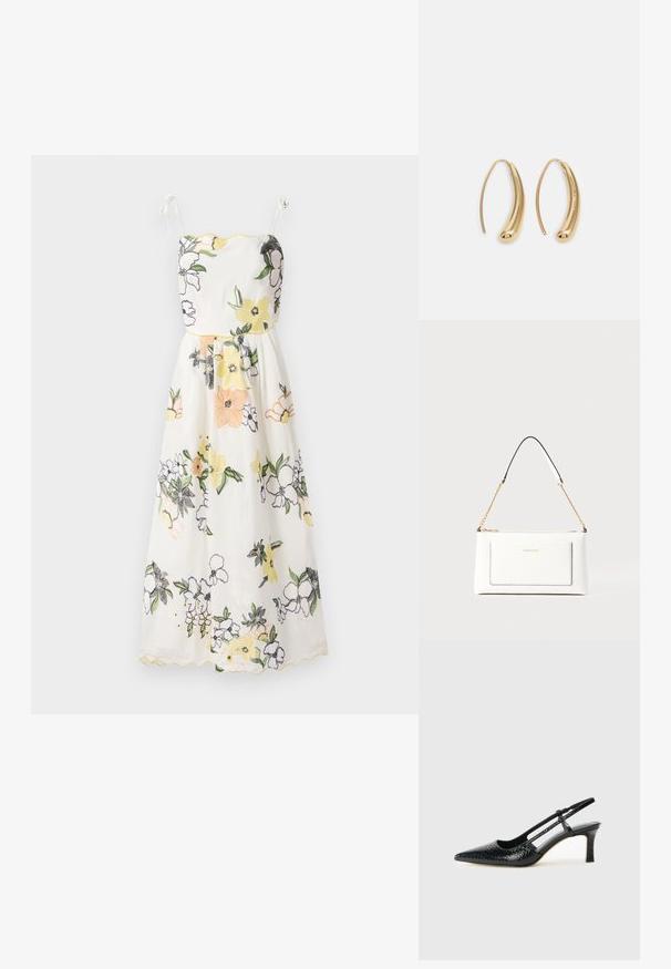 Vestido de tela blanca bordado con flores, con bordes amarillos en forma de olas, tirantes finos y un cuerpo ajustado que se despliega en una falda acampanada.; Tacón slingback negro de charol con punta afilada, que presenta un estampado de serpiente texturizado, correa ajustable y un tacón bloque corto y texturizado.; Bolso de mano de cuero blanco con un acabado texturizado, que cuenta con una correa de cadena dorada y acentos negros. Incluye un bolsillo frontal y cierre de cremallera.; Pendientes de aro de metal en tono dorado con una forma curva y alargada. Presentan una superficie lisa y brillante y una punta redondeada para mayor detalle.