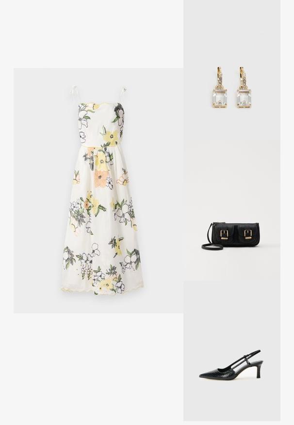 Blumengesticktes Kleid aus weißem Stoff, mit gelben gewellten Kanten, Spaghetti-Trägern und einem taillierten Oberteil, das in einen ausgestellten Rock übergeht.; Schwarze Lack-Slingback-Pumps mit spitzem Zehenbereich, versehen mit strukturiertem Schlangenprint, verstellbarem Riemen und einem kurzen, strukturierten Blockabsatz.; Schwarze Leder-Umhängetasche mit zwei vorderen Taschen, goldenen Schnallen, Reißverschluss und einem schmalen Tragegurt. Texturierte Oberfläche und kompakte rechteckige Form.; Ohrringe in Goldfarbe mit einem rechteckigen, durchsichtigen Kristall, der unter einer Reihe kleiner, runder klarer Akzente hängt. Elegantes, modernes Design.