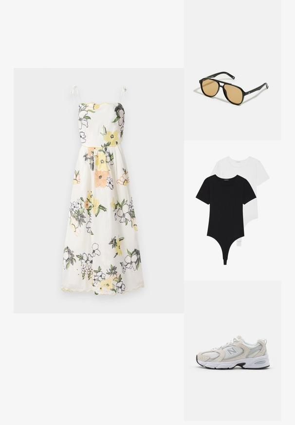 Šaty z bielej látky s kvetinovou výšivkou, so žltými volánikmi, tenkými ramienkami a priliehavým trupom prechádzajúcim do rozšírenej sukne.; Čierno-biele body s krátkymi rukávmi, okrúhlymi výstrihmi a stringovými spodkami, vyrobené z hladkej, elastickej látky.; Športová obuv s hornou časťou zo svetlošedého sieťového materiálu so semišovými akcentmi, bielymi šnúrkami a čiernou gumovou podrážkou. Výrazný detail odpruženia ABZORB.; Čierne slnečné okuliare s hnedými farebnými šošovkami; obdĺžnikový tvar s hrubým rámom, vrátane jemných kovových akcentov na stranách.