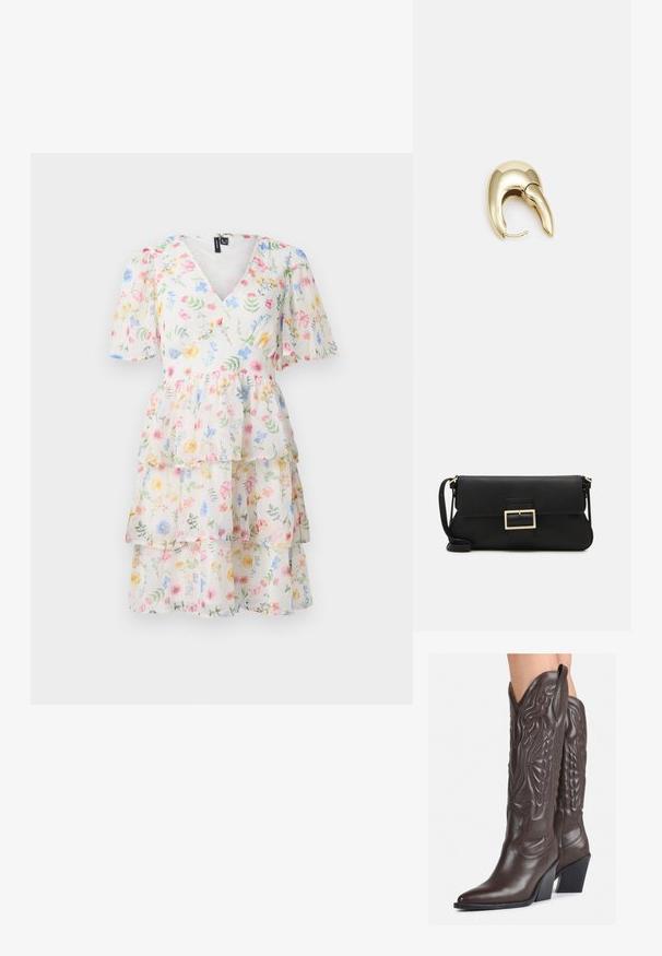 Gestuftes Blumenkleid mit V-Ausschnitt, kurzen Puffärmeln und einem leichten, durchsichtigen Stoff, der mit mehrfarbigen Blumenmustern durchzogen ist.; Braune Leder-Cowboy-Stiefel mit spitzem Punkt und Blockabsatz, die über detaillierte Stickereien und hervorgehobene Akzente am Schaft verfügen.; Schwarze Leder-Clutch mit Klappe und goldfarbenem Metallschnallen-Detail. Enthält einen schwarzen Riemen und ein schlankes, minimalistisches Design.; Ohrringe aus goldfarbenem Metall mit einem schlanken, geschwungenen Design. Sie verfügen über eine markante, spitze Form, eine polierte Oberfläche und einen Scharnierverschluss.