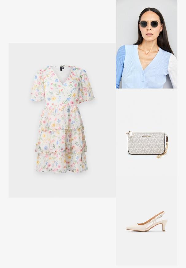 Réteges virágmintás ruha V nyakkal, rövid puffos ujjakkal és könnyű, átmenős anyaggal, amelyben színes virágminták találhatók.; Fehér slingback sarok, hegyes orral, sima felső anyaggal, alacsony blokk sarkával és oldalsó kivágott dizájnnal, állítható csatpánttal.; Kerek napszemüveg sötét lencsékkel és arany kerettel. A modellen világoskék, bordázott kardigán van gombokkal és kontrasztos fehér ujjaival.; Michael Kors bézs bevonatos vászon karkötő, amely ismétlődő MK logó mintával, aranyszínű fémrészletekkel és levehető lánchordóval rendelkezik.