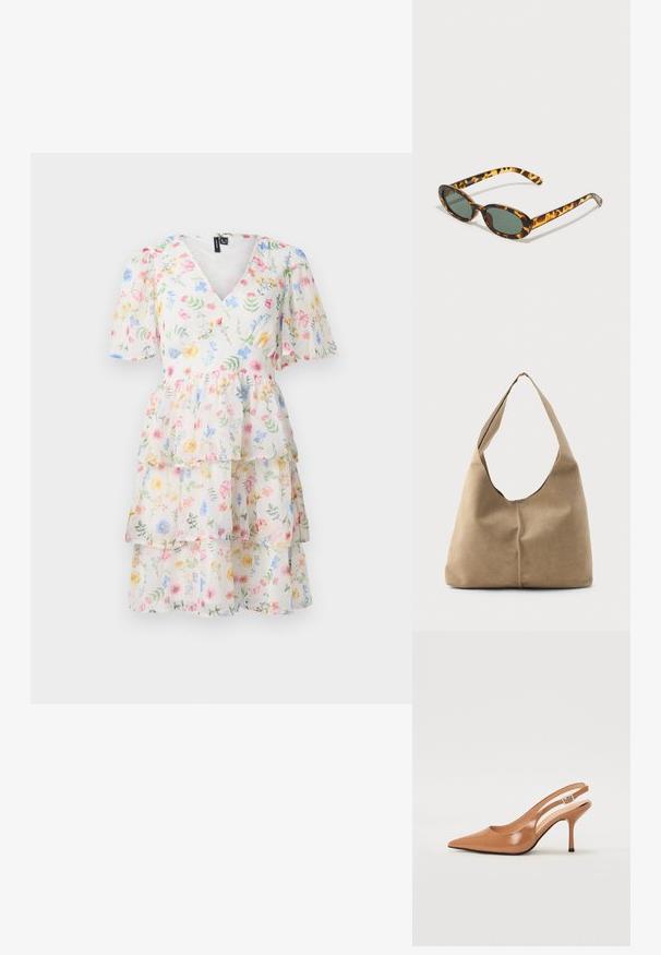 Rochie florala cu volane, decolteu in forma de V, maneci scurte tip puf si o tesatura usoara, translucida, cu modele de flori multicolore pe toata suprafata.; Pantofii cu toc slingback, cu vârful ascuțit, dintr-un material tan neted și strălucitor. Prezintă un design cu decupaj curbat și un toc subțire stil stiletto. Detaliu cu cataramă argintie.; Ochelari de soare cu ramă din scoică, cu lentile ovali de culoare verde închis și brațe subțiri. Prezintă un logo subtil pe braț.; Geantă hobo din suede bej moale, cu o formă lejeră, curea lată de umăr și detalii de cusătură manuală pe partea din față.