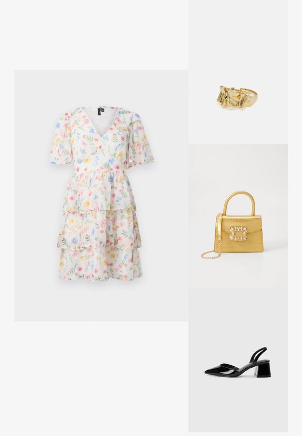 Zúžené kvetinové šaty s výstrihom do V, krátkymi ώ puff rukávmi a ľahkým, priesvitným materiálom s mnohobarevnými kvetinovými vzormi po celom povrchu.; Čierne lakované kožené sandálové podpätky s špicatou špičkou a geometrickým blokovým podpätkom. Disponujú elegantným, minimalistickým dizajnom a hladkým povrchom.; Žltá falošná krokodília kabelka so štruktúrovaným dizajnom, horným držadlom, odnímateľným reťazovým popruhom a dekoratívnym kryštálovým ozdobením na zapínaní.; Zlatý prsteň s textúrovaným, vlnitým dizajnom, ktorý má tri výrazné vrcholy. Hladký, lesklý povrch a otvorený pásik pre nastaviteľné prispôsobenie.