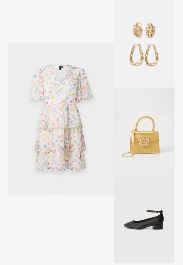 Zúžené kvetinové šaty s výstrihom do V, krátkymi ώ puff rukávmi a ľahkým, priesvitným materiálom s mnohobarevnými kvetinovými vzormi po celom povrchu.; Čierne kožené lodičky s špicatou špičkou a nízkym blokovým podpätkom. Obsahuje remienok okolo členka so zlatým prackou. Hladký povrch.; Žltá falošná krokodília kabelka so štruktúrovaným dizajnom, horným držadlom, odnímateľným reťazovým popruhom a dekoratívnym kryštálovým ozdobením na zapínaní.; Náušnice v zlatej farbe s textúrovanými, vlnitými tvarmi. Obsahujú sochárske klipsové náušnice a otvorený tvar krúžku s kladivkovým povrchom.