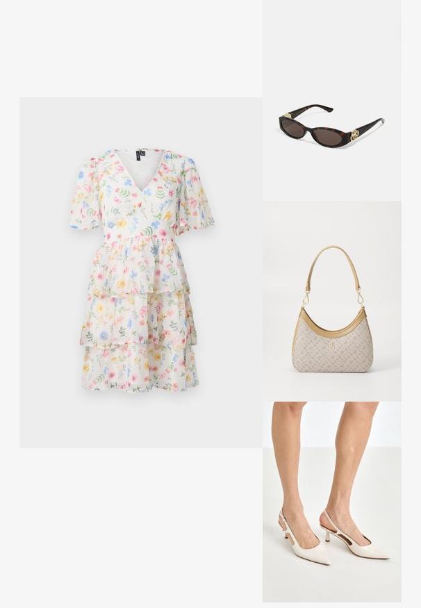 Gestuftes Blumenkleid mit V-Ausschnitt, kurzen Puffärmeln und einem leichten, durchsichtigen Stoff, der mit mehrfarbigen Blumenmustern durchzogen ist.; Beige Lackleder Slingback-Absätze mit spitzem Fuß und 5 cm Absatz, mit ausgeschnittenen Seiten und einem schmalen Knöchelriemen.; Schildpatt-Sonnenbrille mit länglich-ovalen Gläsern, braunem Farbton, goldenen Logo-Akzenten an den Bügeln und schlanken schwarzen Bügeln.; Beige gemusterte Handtasche mit geschwungener Form, Lederakzenten und einem goldfarbenen Logo auf der Vorderseite. Verfügt über einen kurzen Griff für einfaches Tragen.; Perlen- und Kristallhalskette mit einem runden, perlenbesetzten Design in sanften Farbtönen, das abwechselnd Perlen und funkelnde Akzente zeigt, um den Hals getragen.