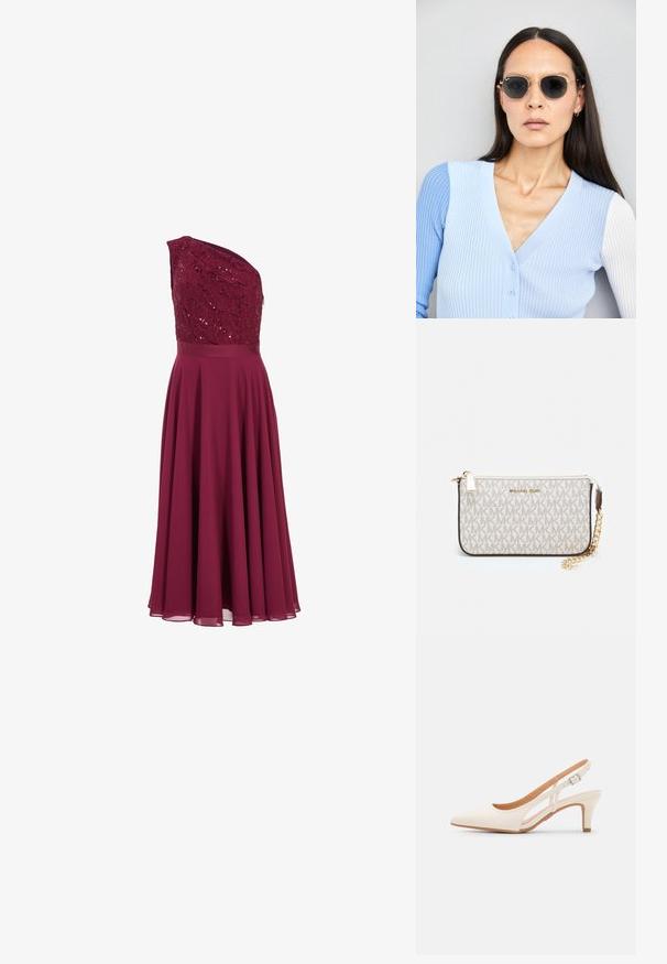 Bordeaux Kleid mit einseitigem Trägerdesign, verziertem Spitzenoberteil und fließendem Rock aus leichtem Stoff.; Weiße Slingback-Absätze mit spitzer Zehenpartie, glattem Obermaterial, niedrigem Blockabsatz und seitlichem Ausschnitt-Design mit verstellbarem Schnallenriemen.; Runde Sonnenbrillen mit dunklen Gläsern und goldenen Rahmen. Das Modell trägt eine hellblaue, gerippte Strickjacke mit Knöpfen und weißen Kontrastärmeln.; Michael Kors Clutch in beige beschichtetem Canvas mit einem wiederholten MK-Logo-Muster, goldfarbener hardware und einem abnehmbaren Kettenriemen.