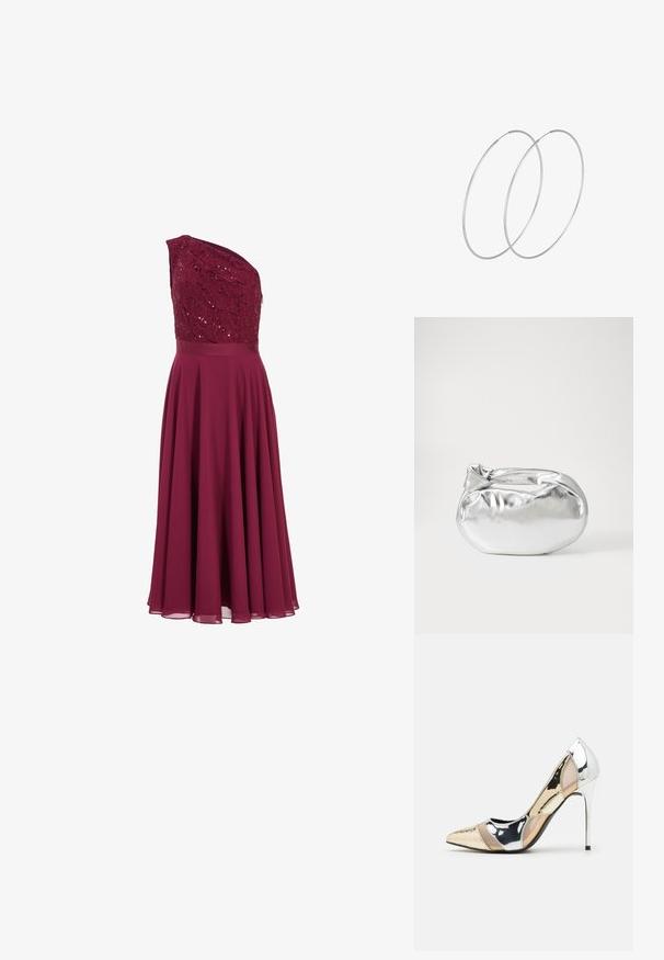 Bordeaux Kleid mit einseitigem Trägerdesign, verziertem Spitzenoberteil und fließendem Rock aus leichtem Stoff.; Spitz zulaufender High-Heel-Schuh in einer Farbgestaltung aus Silber, Gold und Nude. Glänzende Oberfläche mit Ausschnittdesign und stiletto Absatz.; Silberne metallic Pouch-Tasche mit einer sanften, abgerundeten Form und einem geknoteten Verschluss oben. Hergestellt aus glattem Kunstleder.; Silberne Creolen mit minimalistischem Design. Rundform, glatte Oberfläche und dünnes Profil. Leichtgewichtig mit hochglänzender Oberfläche.