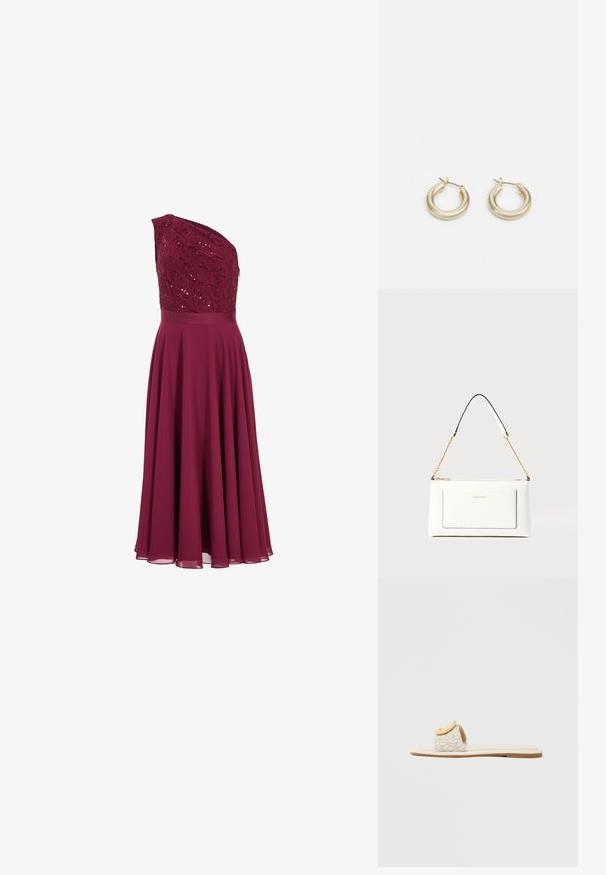 Bordeauxkjole med en skulderdesign, pyntet blondeoverdel og flydende nederdel lavet af letvægtsstof.; Slidesandal med en beige rem med geometrisk mønster, en rundet gul detalje på overdelen og en flad, lys sål.; Hvid lædertaske med tekstureret overflade, med en guldkædetras og sorte detaljer. Indeholder en frontlomme og lynlås lukning.; Lauren Ralph Lauren BASIC SMALL HOOP - Øreringe - gold-coloured