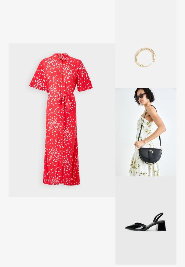 Roxy ISLAND ESCAPE - Kreklkleita - poppy red; Melna lakota āda ar atvērto papēdi, ar smailu purngalu un ģeometrisku blokpapēdi. Iezīmējas elegants, minimāls dizains un gluda tekstūra.; Melnas ādas rokassoma ar izliekta formu, noņemamu siksnu un zelta aksesuāriem. Somai ir vāciņš ar sprādzes detaļu.; Zelta toņa gredzens ar organisku, vērptu dizainu, gludu virsmu un sašaurinātiem galiem, radot mūsdienīgu, skulpturālu izskatu.