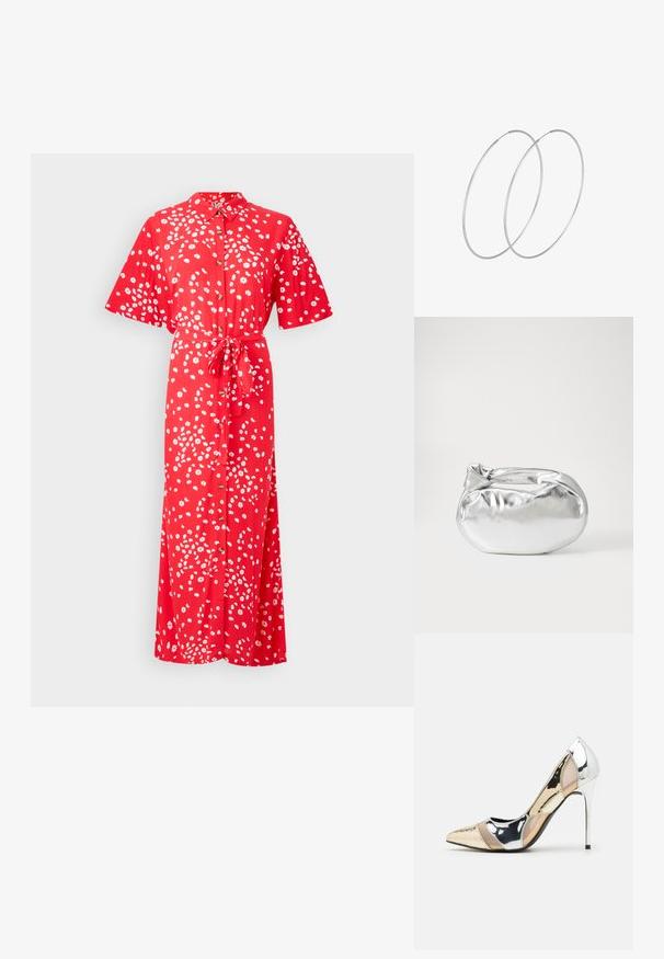 Roxy - Sukienka koszulowa; Czółenka na wysokim obcasie z wąskim noskiem w kolorze srebrnym, złotym i nude. Lśniące wykończenie z wycięciami, z obcasem w stylu stiletto.; Srebrna metaliczna torba worek o miękkim, zaokrąglonym kształcie i zawiązywanym z góry zapięciem. Wykonana z gładkiego materiału imitującego skórę.; Srebrne kolczyki w formie obręczy o minimalistycznym designie. Okrągły kształt, gładka faktura i cienki profil. Lekkie, z polerowanym wykończeniem.