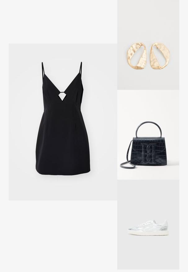 Crna haljina bez rukava s V-izrezom i rezom u obliku dijamanta na prsima. Izrađena od glatkog materijala s prilagođenim siluetom.; Bijele tenisice s metalik srebrnim detaljima, glatke teksture, okruglog vrha, ravnog đona i klasičnim vezanjem.; Crna torba od krokodilne kože s uzorkom, strukturiranog dizajna, gornjom ručkom, podesivom trakom i istaknutim logotipom sprijeda.; Par zlatnih metalnih naušnica nepravilnog ovalnog oblika s teksturiranom, blago kovanom površinom na bijeloj pozadini.