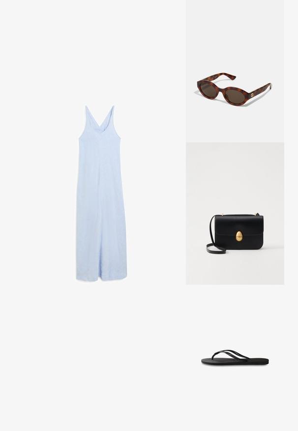 Himmelblauer ärmelloser Jumpsuit mit V-Ausschnitt, der entspannt sitzt und aus einem glatten, leicht strukturierten Stoff besteht.; Schwarze Flip-Flops mit einer strukturierten Gummisohle, zwei schlanken Riemen und einem dezenten, geprägten Logo-Detail auf dem Riemen.; Schildpatt-Sonnenbrillen mit runden Rahmen, dunklen Gläsern und goldfarbener Logodetailierung an den Schläfen. Glattes Kunststoffmaterial, keine sichtbaren Muster.; Schwarze Lederhandtasche mit strukturierter rechteckiger Form. Verfügt über einen goldenen ovalen Verschluss und einen dünnen Schulterriemen. Glatte Textur.