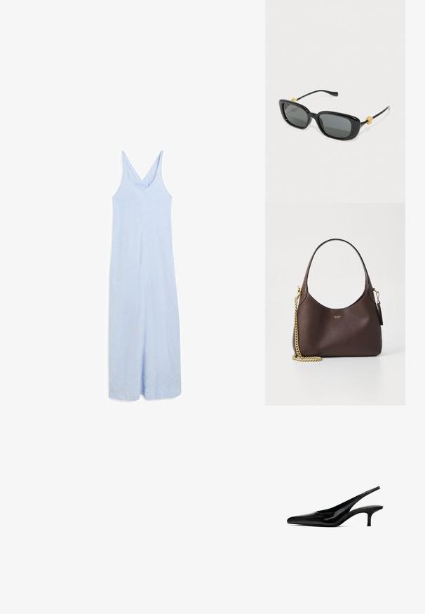 Lichtblauwe mouwloze jumpsuit met een v-hals, met een relaxed fit en een gladde, licht gestructureerde stof.; Zwarte slingback schoen met puntige neus, afgewerkt in glanzend leer en met een dunne, lage hak. Bevat een uitsnede aan de zijkant voor ademend vermogen.; Zwarte rechthoekige zonnebril met grijze lenzen en gouden leeuwenkopaccenten op de slaap. Gladde kunststof frame, slank ontwerp.; COACH BROOKLYN SHOULDER BAG 23 - Handtas - maple