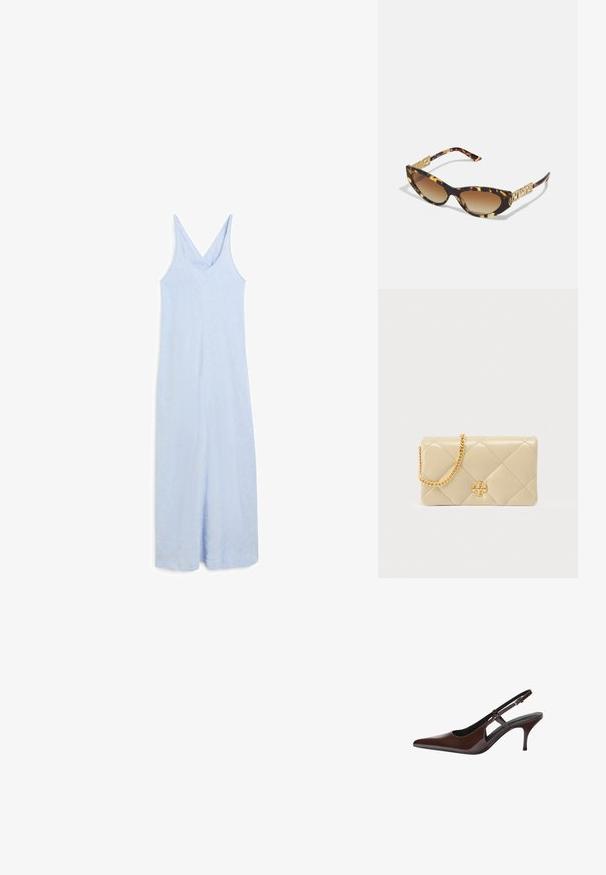 Jumpsuit senza maniche di colore blu chiaro con scollatura a V, caratterizzato da una vestibilità rilassata e un tessuto liscio e leggermente testurizzato.; Pompa slingback in pelle lucida marrone con punta affusolata, tagli aperti e tacco sottile. Presenta una fascetta con fibbia regolabile.; Occhiali da sole tartarugati con forma a occhio di gatto, dotati di lenti marroni a gradiente e dettagli in metallo dorato sulle tempie.; Borsa a tracolla in pelle beige trapuntata con una catena dorata e dettaglio logo sulla parte anteriore. Texture liscia con cuciture a motivo a diamante.