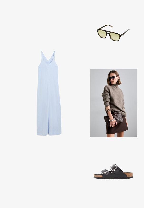 Himmelblauer ärmelloser Jumpsuit mit V-Ausschnitt, der entspannt sitzt und aus einem glatten, leicht strukturierten Stoff besteht.; Schwarze Sandale mit zwei verstellbaren Riemen, silbernen Schnallen und einem Korkfußbett auf einer strukturierten schwarzen Gummisohle.; Schildkrötensonnenbrille mit rechteckiger Form, grün getönten Gläsern und gemusterten Acetatrahmen. Verfügt über metalliche Akzente in der Nähe der Gläser.; DRAGON DIFFUSION MINI FLAT GORA - Handtasche - dark brown