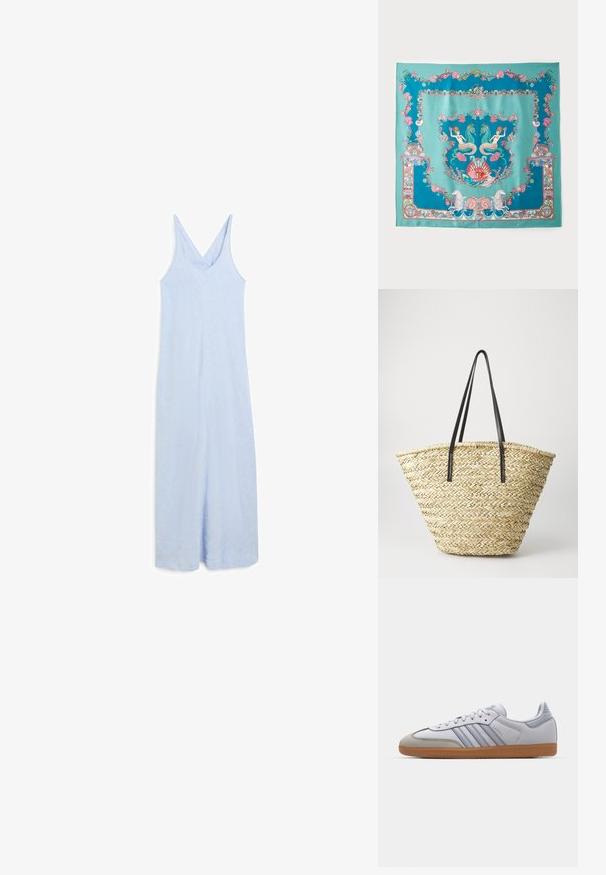 Lys blå, ærmeløs jumpsuit med v-udskæring, der har en afslappet pasform og et glat, let struktureret stof.; Hvide lædersneakers med lyseblå accenter, grå ruskindsnæse og en brun gummisål. Har tre blå striber og "Samba" branding.; Turkis silkeslørfe med intrikate marin-tema designs, herunder havfruer, muslinger og koraller, indrammet med en dekorativ kant.; Vævet stråtaske med en bred, afsmalnet form, der har to sorte læderhåndtag. Naturlig beige farve med en tekstureret overflade.