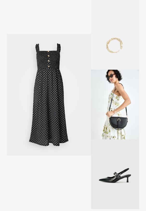 Czarna sukienka w białe grochy, z falbankowymi ramiączkami, kwadratowym dekoltem, pięcioma guzikami z przodu i lekko rozszerzającą się spódnicą w kształcie litery A.; Czarne lakierowane szpilki slingback z wąskim noskiem i małym słupkiem, z ozdobnym srebrnym klamrą na pasku.; Czarna skórzana torebka o zakrzywionym kształcie, z odpinanym paskiem i złotymi akcentami. Torebka posiada klapę z zapięciem w kształcie klamry.; Pierścionek w odcieniu złota z organicznym, skręconym wzorem, o gładkiej fakturze i zwężających się końcach, tworzący nowoczesny, rzeźbiarski wygląd.
