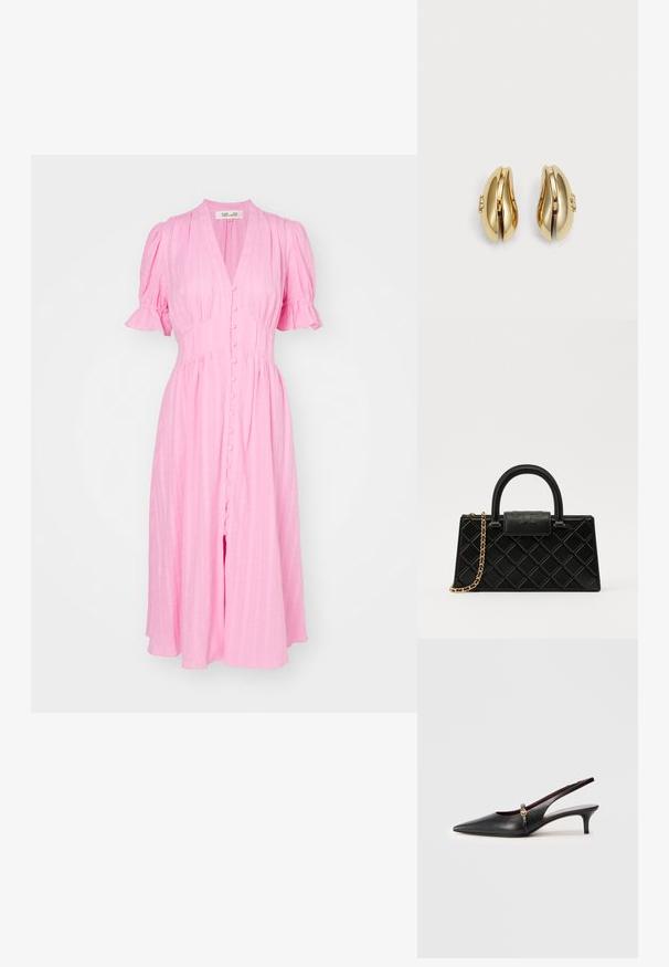 Diane von Furstenberg ERICA DRESS - Dnevna haljina - rose pink; Crne kožne cipele s povišenim petama, uskog vrha, tanke petice i zlatnim detaljem u blizini narukvice. Glatka tekstura i jednostavan dizajn.; Crna torba od teksturirane kože, s dijamantnim uzorkom, zlatnim lancem kao naramenicom i gornjom drškom s preklopom sa ugraviranim logotipom.; Naušnice zlatne boje s fluidnim, zakrivljenim dizajnom. Svaka naušnica ima glatku površinu i mali zatvarač s ukrasnim detaljem.