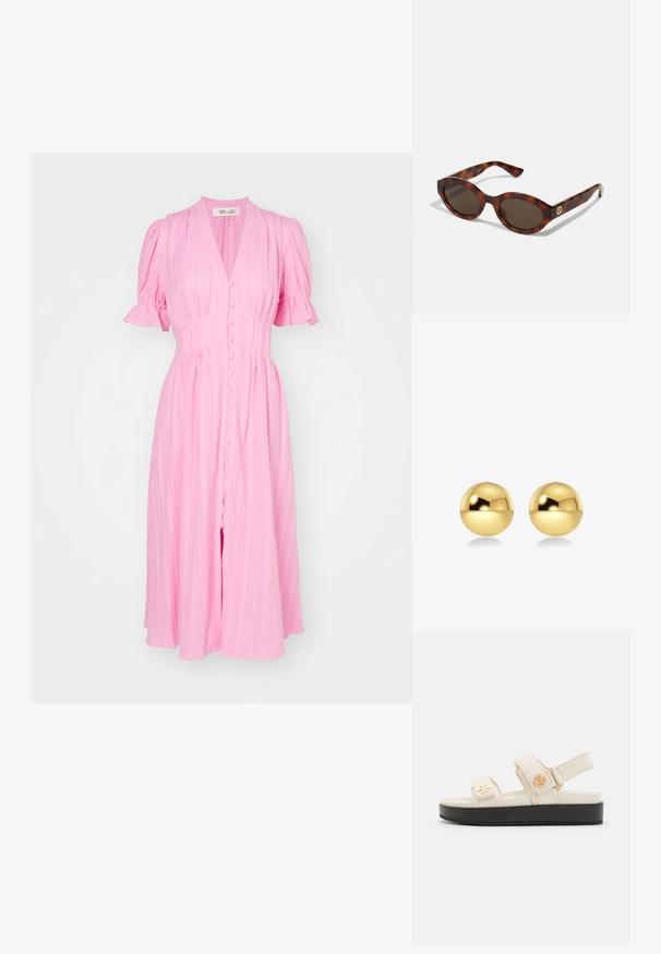 Diane von Furstenberg ERICA DRESS - Robe de jour - rose pink; Sandales ajustables beige avec une texture lisse, comportant deux brides et une semelle noire. Détail du logo doré sur chaque bride.; Lunettes de soleil en écaille de tortue avec des montures rondes, des verres foncés et des détails en or sur les branches. Matériau en plastique lisse, sans motifs visibles.; Boucles d'oreilles sphériques de couleur dorée avec une surface lisse et réfléchissante. Le design est simple et épuré, créant un look moderne et minimaliste.