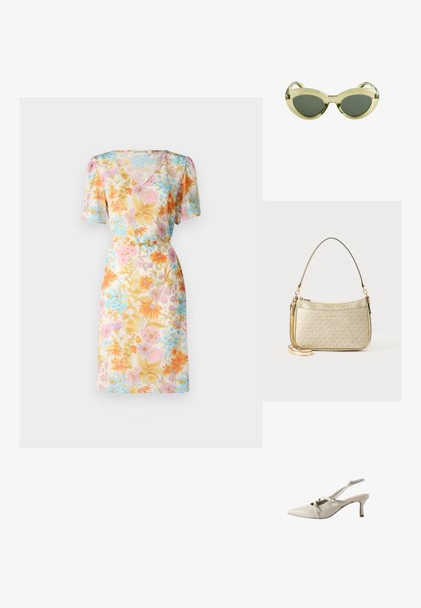 Kurzärmliges Kleid mit einem floralen Muster in sanften Farbtönen von Rosa, Orange und Blau, mit einem V-Ausschnitt und einer taillierten Detail mit einem Gürtel.; Spitz zulaufender Slingback-Schuh aus weichem beigem Leder, mit überkreuzten Riemen, einer Schleifenakzent und einem 7 cm hohen Absatz mit brauner Spitze.; Transparente, hellgrüne Sonnenbrille mit ovalen Rahmen und dunklen grünen Gläsern. Verfügt über gebogene Bügel mit glatter Oberfläche.; Goldfarbene Handtasche mit einem glatten Ledertrageriemen, ausgestattet mit einem Reißverschluss und einem dezenten Logo-Muster, das auf der Oberfläche aufgedruckt ist.