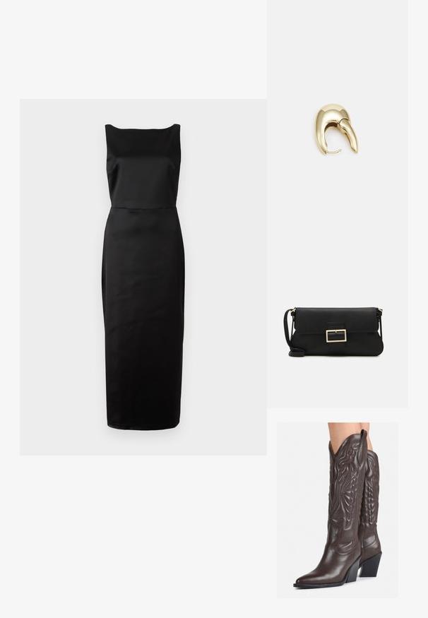 Vestido de satén negro con escote cuadrado sin mangas, ajuste entallado y diseño hasta el suelo, con una textura suave y un minimalismo en los detalles.; Botas de vaquero de cuero marrón con punta afilada y tacón cuadrado, que presentan costuras detalladas y acentos elevados en el caño.; Bolso de mano de cuero negro con una solapa y un detalle de hebilla de metal dorado. Incluye una correa negra y un diseño elegante y minimalista.; Pendiente de metal en tono dorado con un diseño elegante y curvado. Presenta una forma puntiaguda distintiva, superficie pulida y cierre de bisagra.