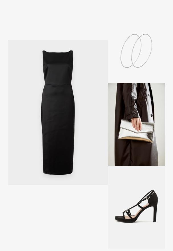 Černé saténové šaty bez rukávů se čtvercovým výstřihem, přizpůsobeným střihem a dlouhým designem, s hladkou texturou a minimem detailů.; Černé semišové sandály na vysokém podpatku s křížovými pásky, dekorativním stříbrným akcentem a platformou pro větší výšku.; Stříbrná metalická kabelka ve tvaru klínového obálkového designu, hladké textury a s kontrastní barvou uvnitř, držena v ruce s černým kabátem.; Stříbrné kruhové náušnice s minimalistickým designem. Kruh, hladký povrch a tenký profil. Lehká konstrukce s lesklým povrchem.