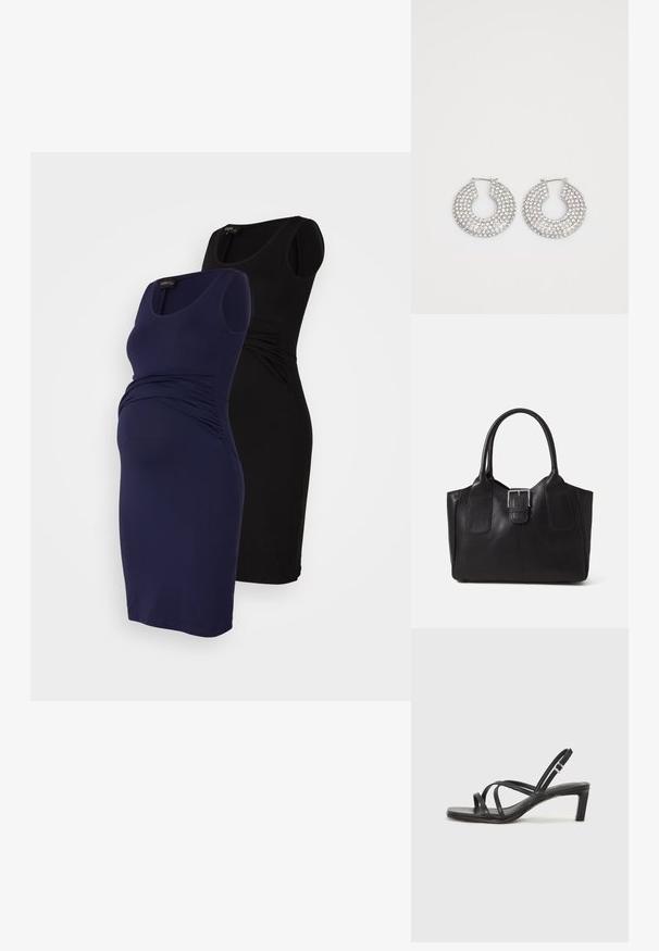 Dvije haljine za trudnice, jedna tamnoplava i jedna crna, s prilagođenim dizajnom, okruglim izrezima i naboranim bočnim detaljima za udobnost.; Crne sandale s trakama, kvadratnim prstom i niskom blok petom. Ima više tankih trakica i podesivu trakicu oko gležnja. Izrađene su od glatke kože.; Crna kožna torba za nošenje s glatkom teksturom, strukturiranim oblikom, dvije ručke i istaknutim srebrnim kopčanjem na prednjoj strani.; Srebrne kružne naušnice ukrašene brojnim čistim kristalnim detaljima, s teksturiranom površinom i otvorenim kružnim dizajnom.