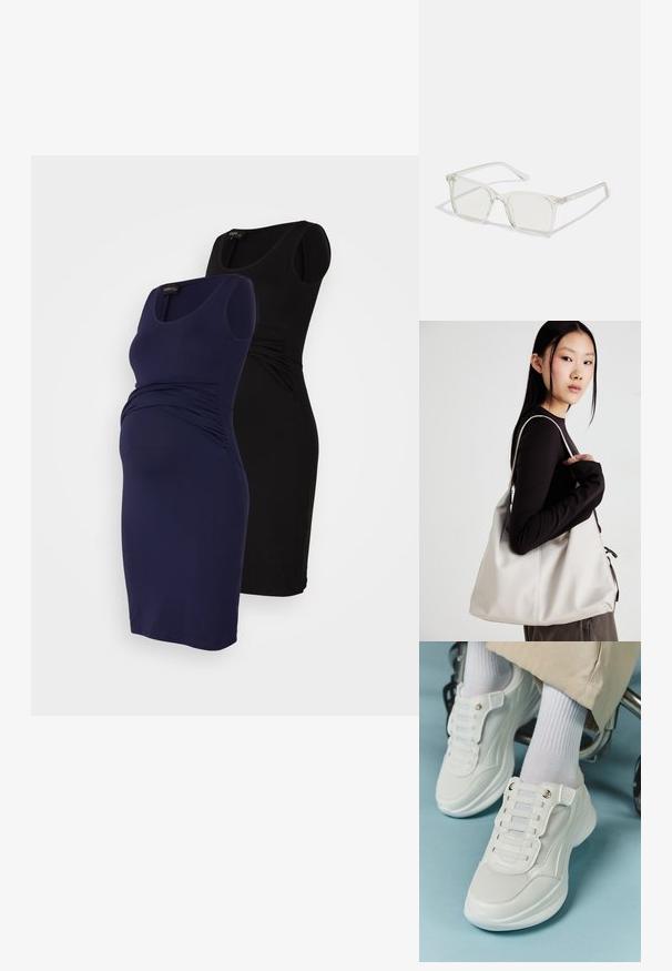 Dois vestidos de maternidade, um em azul-marinho e outro em preto, com um design justo, decotes redondos e detalhes franzidos nas laterais para conforto.; Tênis brancos com material em rede, sola de borracha, design sem atacadores com faixas elásticas e detalhes em tom dourado.; Óculos quadrados de plástico transparente com lentes translúcidas, apresentando detalhes em dourado nas hastes.; Uma bolsa bege feita de material macio, com um design descontraído, detalhes de costura e duas alças para o ombro. Adequada para uso diário.