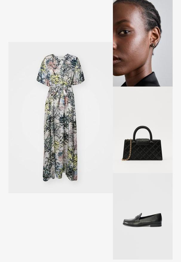 Rochie maxi cu un model de pădure în nuanțe de verde, albastru și roz. Decolteu în V, mâneci scurte și un cordon la talie pentru o ajustare confortabilă.; Mocassiini din piele neagră cu vârf rotund, detalii cu cusături înălțate și un toc mic cu talpă stivuită. Textură netedă cu un luciu subtil.; Geantă de mână neagră din piele texturată, cu un model în diamant, curea din lanț cu ton auriu și un mânere superior cu o închidere cu clapetă embosată cu logo.; Cerceii cu studs florali de aur au un centru texturat de culoare neagră și detalii delicate. Pielea clară a modelului și părul împletit sunt vizibile în profil.