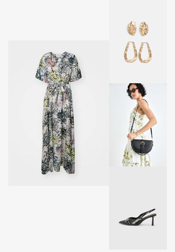Maxikleid mit einem Waldmuster in Grüntönen, Blau und Pink. V-Ausschnitt, kurze Ärmel und ein Taillengürtel für eine verstellbare Passform.; Schwarzer Lackleder Slingback-Schuh mit spitzem Zehenbereich, Knöchelriemen mit silbernen Schnallen und Beschlägen sowie einem schlanken Absatz.; Schwarze Lederhandtasche mit geschwungener Form, abnehmbarem Tragegurt und goldenen Beschlägen. Die Tasche verfügt über einen Deckel mit einer Schnallen-Details.; Ohrringe in Goldoptik mit strukturierten, gewellten Formen. Beinhaltet skulpturale Clip-Ohrringe und ein offenes Hoop-Design mit gehämmertem Finish.
