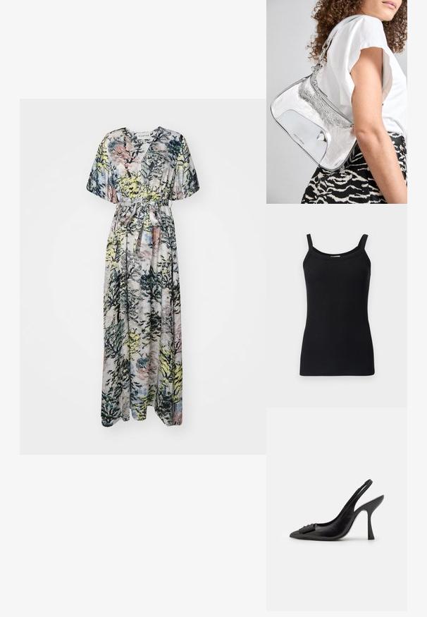 Rochie maxi cu un model de pădure în nuanțe de verde, albastru și roz. Decolteu în V, mâneci scurte și un cordon la talie pentru o ajustare confortabilă.; Top de damă negru cu dungi, cu bretele subțiri, având un decolteu rotund și un design ajustat. Textură moale și material elastic.; Pantofii slingback din piele neagră, cu vârf ascuțit, toc subțire și un accent decorativ sub formă de fundiță. Textură netedă și design elegant.; Geantă de umăr metalică argintie, cu o textură netedă, design curbat, curea din lanț și un panou frontal lustruit, având o gravură subtilă a logo-ului.