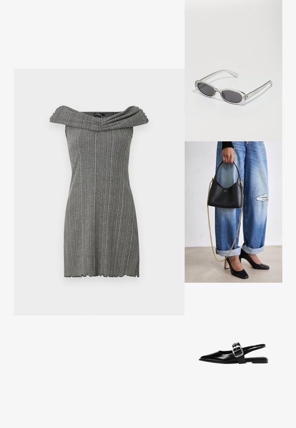 Siva haljina s otkopčanim ramenima i vertikalnom rebrastom teksturom, s širokim, preklopnim dekolteom i valovitim rubom.; Crne kožne sandale s pointed toe, širokom trakom s srebrnom kopčom i niskim kvadratnim potplatom. Glatka tekstura, minimalistički dizajn.; Naočale u ovalnom obliku, okvir od prozirne plastike, tamno sivi leće i tanke prozirne ručke s logotipom i minimalnim detaljima.; Crna kožna torba s zakrivljenim oblikom, kratkom drškom i zlatnom lancem. Uparena s izblijedjelim plavim trapericama i crnim visokim potpeticama.