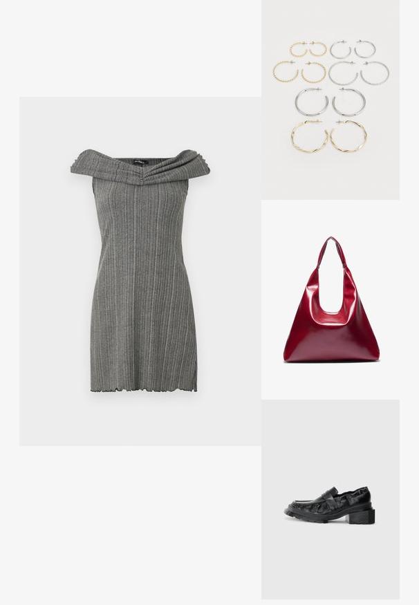 Sukienka szara typu off-the-shoulder z pionowym prążkowanym wzorem, z szerokim, złożonym dekoltem oraz falbaniastym wykończeniem. ; Czarne skórzane mokasyny z usztywnioną podeszwą, z lekko podniesionym obcasem w kształcie bloku i teksturowanym wierzchem, zapinane na przedni pasek.; Czerwona, błyszcząca skórzana torebka o trójkątnym kształcie, z szerokim otwarciem na górze i pojedynczym, zaokrąglonym uchwytem. Gładka tekstura z minimalnymi detalami przeszyć.; Zestaw dwunastu kolczyków w kształcie kółek w odcieniach srebra i złota. Zawiera wzory skręcone, gładkie i fakturowane w różnych rozmiarach i wykończeniach.