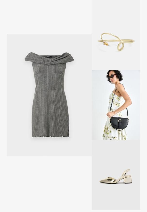 Pilvo suknelė, pilkos spalvos, su vertikaliu raukšlių raštu, pasižyminti plačiu, sulankstytu kaklu ir banginiu kraštu.; Auksiniai, metaliniai slingback aukštakulniai bateliai su smailiu pirštu ir masyviu kulnu. Lygus paviršius, minimalizmo dizainas ir siaura juostelė.; Juodas odinis krepšys su išlenkta forma, nuimamu dirželiu ir auksiniais detalėmis. Krepšys turi kilpą su sagtimi.; Auksinės spalvos metalinė apyrankė su skysčiu, kreipiančiu dizainu. Viename gale yra mažas, išsiskiriantis, sidabrinės spalvos akcentas.