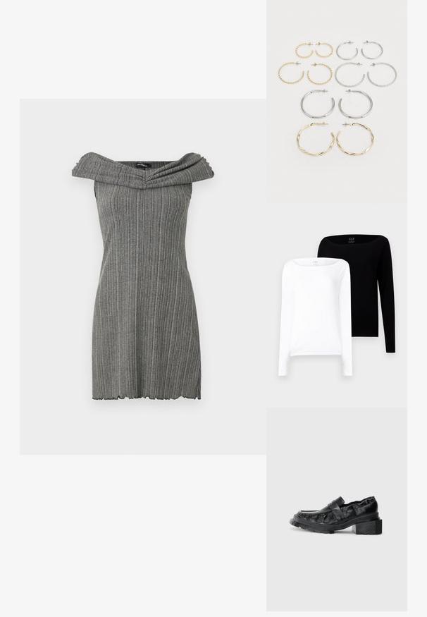 Sivo oblečenje z odprtimi rameni z vertikalno rebrasto teksturo, ki ima širok, zložen ovratnik in valovit rob.; Dva dolgoročna zgornja dela. Ena bela in ena črna, oba iz lahkega bombaža z širokim čolnastim izrezom in ozkim krojem.; Črne usnjene loferice s strukturirano podplatom, ki imajo nekoliko dvignjen blok peto in teksturirano zgornji del, zavarovane s sprednjim pasom.; Rdeča sijoča usnjena torbica v trikotni obliki, širokim vrhnjim odprtjem in enim ukrivljenim ročajem. Gladka textura z minimalnimi šivi.; Set dvanajstih uhvorov v srebrnih in zlatih odtenkih. Vključuje zvite, gladke in teksturirane modele v različnih velikostih in končnih obdelavah.