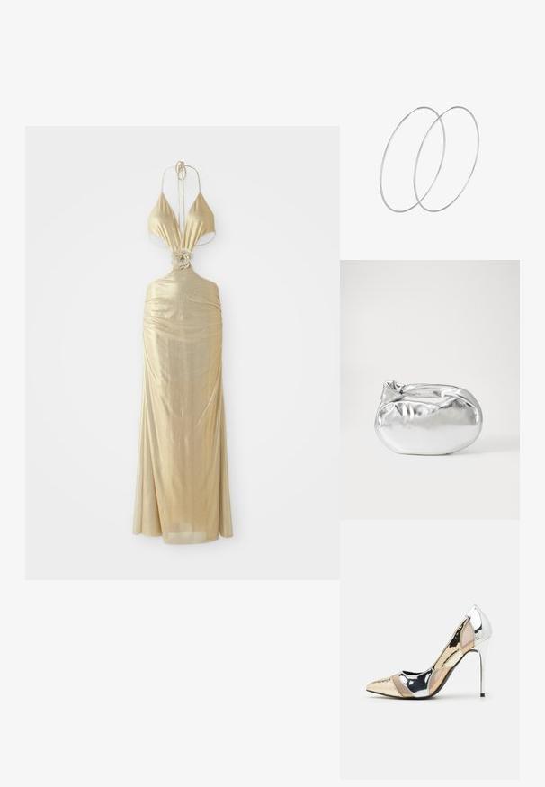 Metāliskas zelta halter stila kleitas ar dziļu dekoltē, savilkta tekstūra un ziedu mezgls jostasvietā, plūstoši veidojot garu svārku.; Apspīlēta augstpapēžu kurpe ar zeltītu, sudrabi un neitrālu krāsu kombināciju. Spīguļojoša virsma ar izgriezuma dizainu, aprīkota ar stiletto papēdi.; Sudraba metāliska poga somiņa ar mīkstu, noapaļotu formu un mezgla augšējo aizdari. Izgatavota no gludas mākslīgās ādas materiāla.; Sudraba gredzenveida auskari ar minimālistisku dizainu. Cirkulāra forma, gluda tekstūra un plāns profils. Vieglu svaru ar spīdīgu apdari.