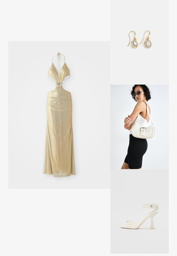 Metalna zlata halter obleka z globokim dekoltejem, nabranim teksturama in cvetlično vozlišče pod pasom, ki se spušča v dolg krilo.; Sandal z visoko peto z naramnicami v beli usnjeni izvedbi s popolnim dizajnom, prozorno blok peto in dekorativnim elementom na prstih.; Bela usnjena torbica s ukrivljeno obliko, nastavljivim trakom in majhnim detajlom s sponko. Model nosi oprijet črno obleko.; Zlato obarvani uhani z ovalnimi prozornimi kristali, ki jih obdajajo manjši prozorni kamenčki, s sistemom za oblačenje za varno nošenje.