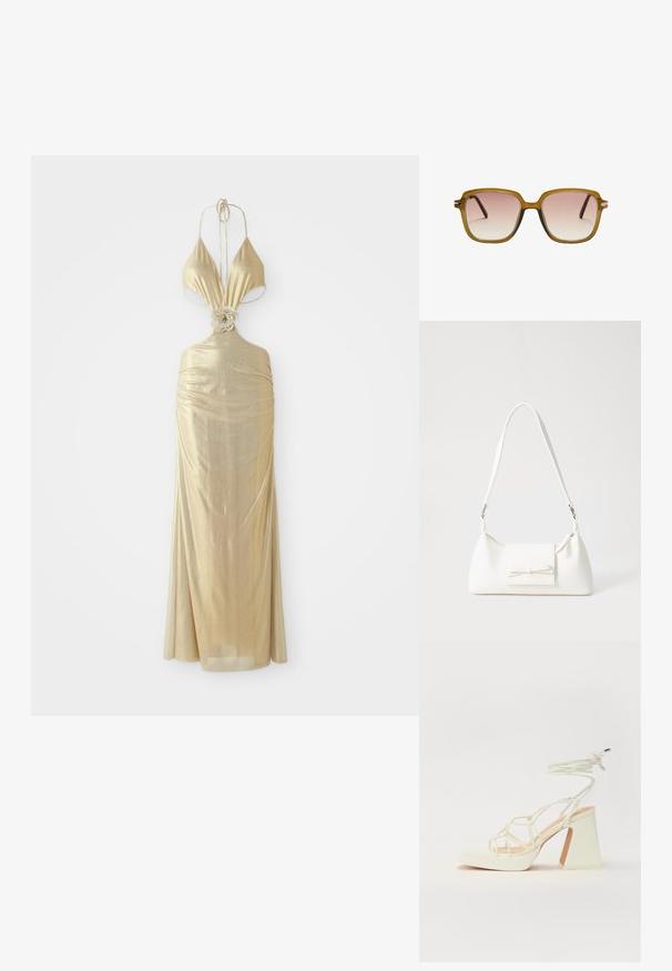 Metalna zlata halter obleka z globokim dekoltejem, nabranim teksturama in cvetlično vozlišče pod pasom, ki se spušča v dolg krilo.; Bela sandala na visokih petah s debelim petam, ki ima obliko trakcev in vezanje okoli gležnja. Gladka tekstura z platformo spredaj za dodatno višino.; Kvadratne sončna očala z rahlo rjavim prozornim okvirjem, gradientnimi rožnatimi lečami in temnorjavimi nosilci. Minimalističen dizajn z diskretnimi kovinskimi detajli.; Bela sintetična torbica v obliki trikotnika, z ravnim sprednjim poklopcem in detajlom mašne, nastavljivim trakom, gladko teksturo in minimalističnim dizajnom.
