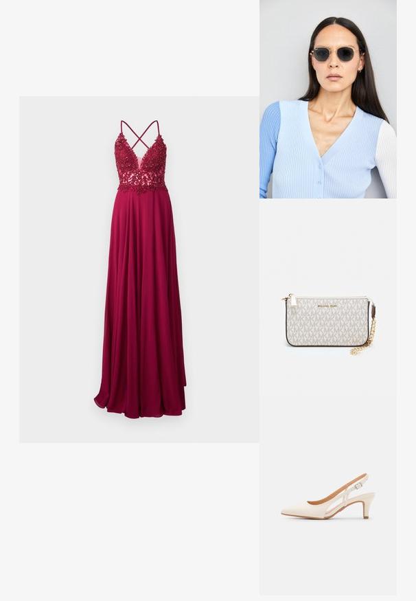 Mascara Proginė apranga - berry; Balti slingback kulniukai su smailiu pirštu, lygia viršutine medžiaga, žemu blokuotu kulnu ir šoniniu išpjovimu su reguliuojamu sagtimi.; Apskriti saulės akiniai su tamsiais objektyvais ir auksiniais rėmeliais. Modelis vilki šviesiai mėlyną, raukinį kardiganą su mygtukais ir kontrastingomis baltomis rankovėmis.; Michael Kors rankinė smėlio spalvos dengto kanvoje su pakartotiniu MK logotipo raštu, auksinėmis detalėmis ir nuimamu grandininiu dirželiu.