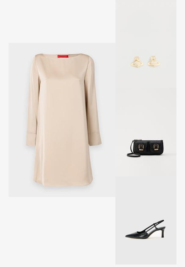Bežna satenska obleka s kvadratnim izrezom, dolgimi rokavi in ohlapnim krojem. Ima rdečo oznako blagovne znamke pri vratu. Gladko teksturo.; Črne lakaste slingback pete s koničastim nosom, ki imajo teksturiran vzorec kačje kože, nastavljiv trak in kratek teksturiran blok peto.; Črna usnjena torbica čez ramo z dvema sprednjima žepoma, zlatimi zaponkami, zadrgo in ozkim pasom. Tekstura površine je strukturirana, obliko pa ima kompaktno pravokotno.; Zlati uhani s stožčasto obliko, ki imajo teksturiran pas in vgrajene okrogle kristale za dodatno iskrico.