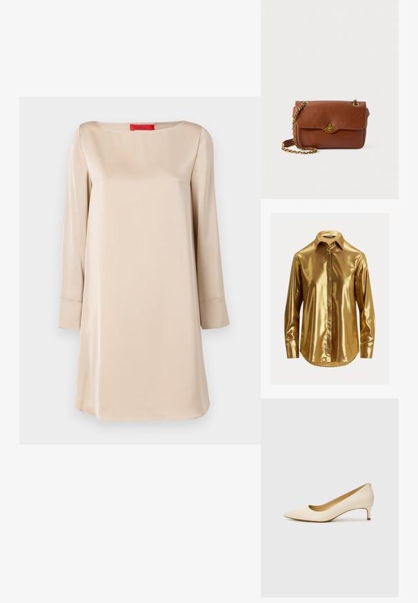 Bež haljina od satena sa kvadratnim dekolteom, dugim rukavima i slobodnim krojem. Ima crvenu etiketu brenda na vratu. Glatka tekstura.; Zlatna metalik košulja dugih rukava s kragnom na dugme, glatke teksture, prednjim otvorom i zaobljenim rubom.; Bež cipele s špicastim nosom izrađene od glatkog sintetičkog materijala, s niskom petom i dizajnom za lako obuvanje, s diskretnim detaljem na stražnjem dijelu.; Smeđi kožni torbica preko tijela s preklopnim zatvaranjem, zlatnim hardverom i lancem za remen. Glatka tekstura, pravokutni oblik, minimalni detalji.