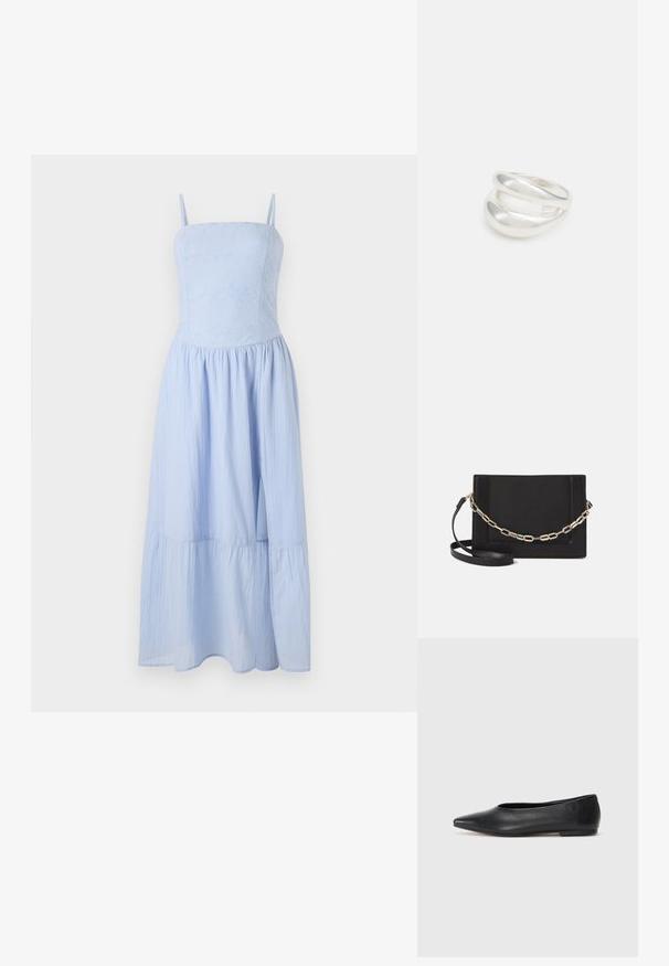 Šviesiai mėlyna maksi suknelė su plonomis petnešėlėmis. Prigludusi liemenė su gėlių tekstūra, laisvas, sluoksniuotas sijonas. Pagaminta iš lengvo audinio.; Juodas odinis baleto batas, su smailiu pirštu, minimalistinio dizaino, lygiu paviršiumi, žemo profilio kulnu, be matomos aparatūros ar papuošimų.; Juodas odinis per petį nešiojamas krepšys turi lygų paviršių, stačiakampio formą ir metalinę grandinėlę priekyje. Pridedama reguliuojama dirželis.; Sidabrinis dvigubas žiedas su lygiu, poliruotu paviršiumi. Pasižymi sklandžiu, kreiptu dizainu su persipinančiomis dalimis, suteikiančiomis modernų išvaizdą.