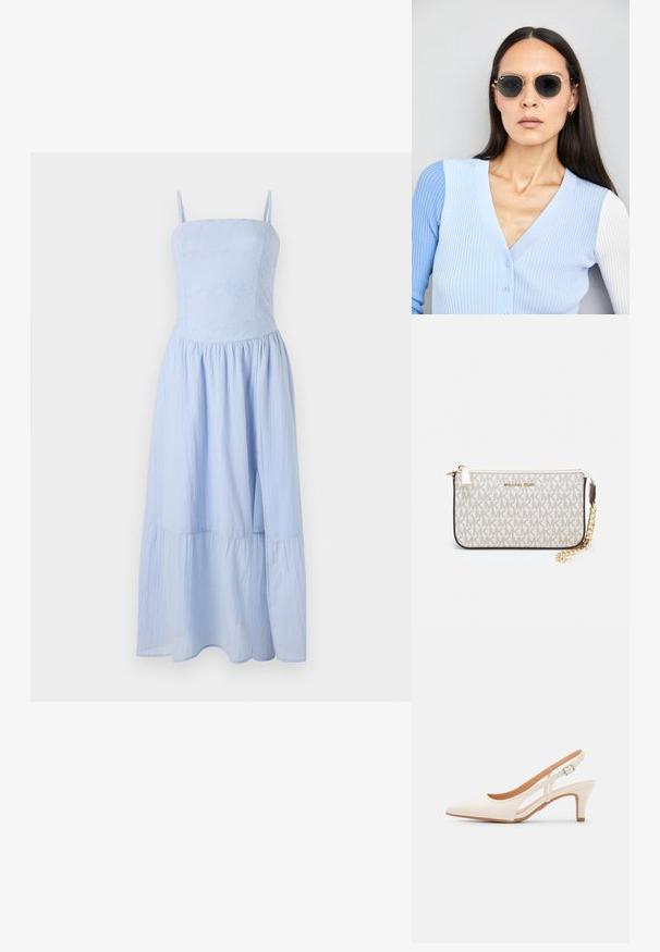 Svetlomodré maxi šaty s tenkými ramienkami. Priliehavý korzet s kvetinovou textúrou, splývavá sukňa s vrstvami. Vyrobené z ľahkej tkaniny.; Biele slingback topánky na podpätku s ostrou špičkou, hladkým vrchným materiálom, nízkym blokovým podpätkom a bočným výrezom s nastaviteľným remienkom na pracku.; Okrúhle slnečné okuliare s tmavými šošovkami a zlatým rámom. Modelka má na sebe svetlomodrý pletený kardigán s gombíkmi a bielymi rukávmi v kontraste.; Michael Kors zápästná taška v béžovej potiahnutej plátenej tkanine s opakujúcim sa vzorom loga MK, zlatým kovania a odnímateľným reťazovým popruhom.
