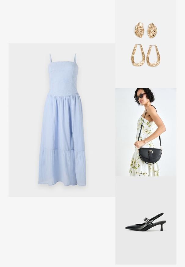 Világoskék maxi ruha vékony pántokkal. Testhezálló felsőrész virágmintával, lágyan áramló, rétegzett szoknyával. Könnyű anyagból készült.; Fekete lakkbőr slingback sarkú cipők hegyes orral és kis blokk talppal, ezüst csat díszítéssel a pánton.; Fekete bőrtáska ívelt formával, levehető pánttal és arany színű fémrészekkel. A táskán egy csattal díszített fedél található.; Aranyszínű fülbevalók, texturált, hullámos formákkal. Tartalmazza a szobrászati klipszes studokat és az open hoop kialakítást, kalapácsos felülettel.