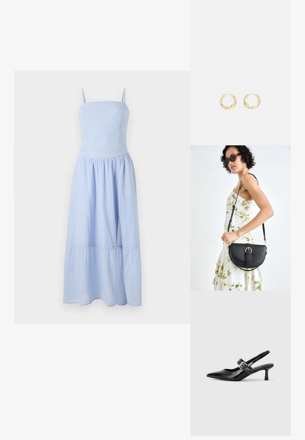 Svetlo modra maxi obleka s tankimi naramnicami. Prilegajoč zgornji del s cvetličnim vzorcem, tekoča stopenjska krila. Narejena iz lahkega materiala.; Črne patent usnjene slingback pete s koničastim nosom in majhnim blok peto, ki vključujejo srebrno zaponko na traku.; Črna usnjena torbica s ukrivljeno obliko, z odstranljivo naramnico in zlatimi dodatki. Torbica ima pokrov s podrobnostmi v obliki zaponke.; Zlate obročeve uhane z teksturirano, nepravilno površino. Imajo lahko konstrukcijo in okroglo obliko, primerne za vsakodnevno nošenje.