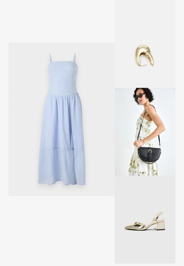 Ljusblå maxiklänning med tunna axelband. Tight passform i bodicen med blommönster, flödande lagerkjol. Tillverkad av lätt tyg.; Guld, metalliska slingback-klackar med spetsig tå och chunky klack. Slät textur, minimalistisk design och en smal rem.; Svart läderhandväska med en böjd form, avtagbar rem och guldiga detaljer. Väskan har ett lock med en spänndetalj.; Örhänge i guldtonad metall med en elegant, böjd design. Har en distinkt spetsig form, polerad yta och gångjärnslås.