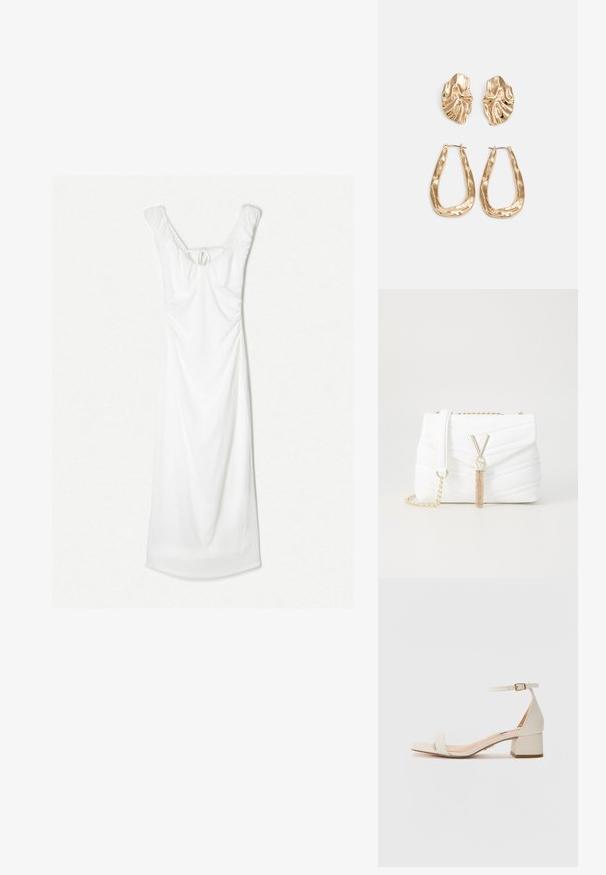Biele šaty s priliehavým topom a voľnou sukňou. Obsahujú nariasené detaily a viazanie vzadu, majú okrúhly výstrih a jemnú štruktúru.; Béžové sandále na blokovom podpätku so štvorcovou špičkou. Obsahujú úzky pásik na členku s prackou, hladkú koženku a strednú výšku podpätku.; Biely prešívaný kabelka s preklopeným chlopňou, zlatým reťazovým popruhom a charakteristickými zlatými kovaniami s akcentom "V" a detailom strapca.; Náušnice v zlatej farbe s textúrovanými, vlnitými tvarmi. Obsahujú sochárske klipsové náušnice a otvorený tvar krúžku s kladivkovým povrchom.